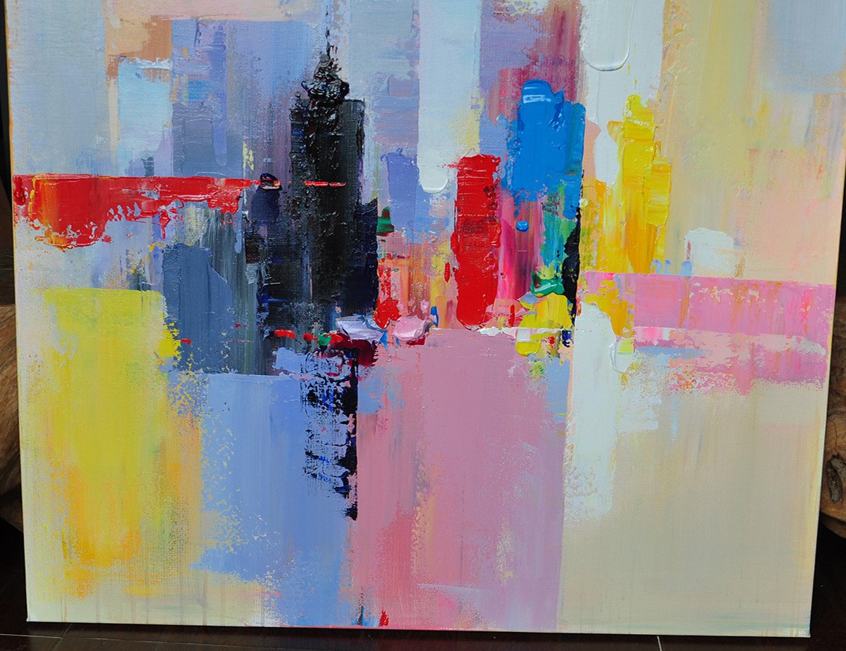 Panoramic Palette Knife Abstract Skyline Art #L31D